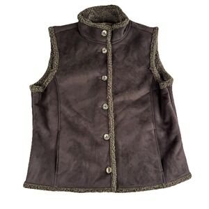 LL Bean Vest Womens XL‎ Brown Faux Suede Sherpa Lined Cabincore Gorpcore Pockets